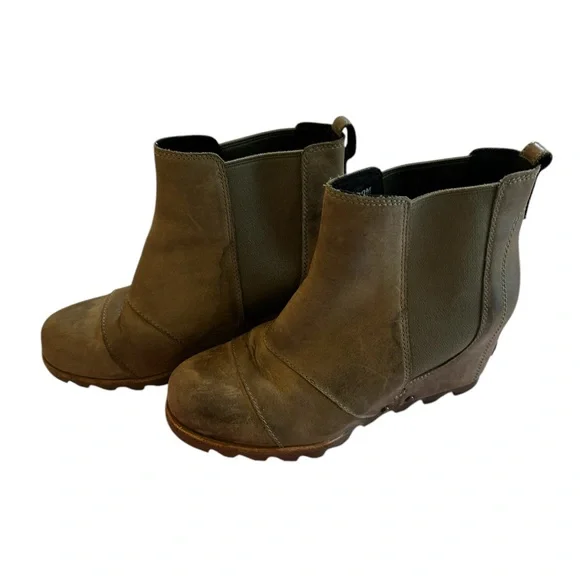 Womens SOREL Lea Elk II Peatmoss Olive Green Leather Hidden Wedge Chelsea 7.5 - Picture 3 of 8